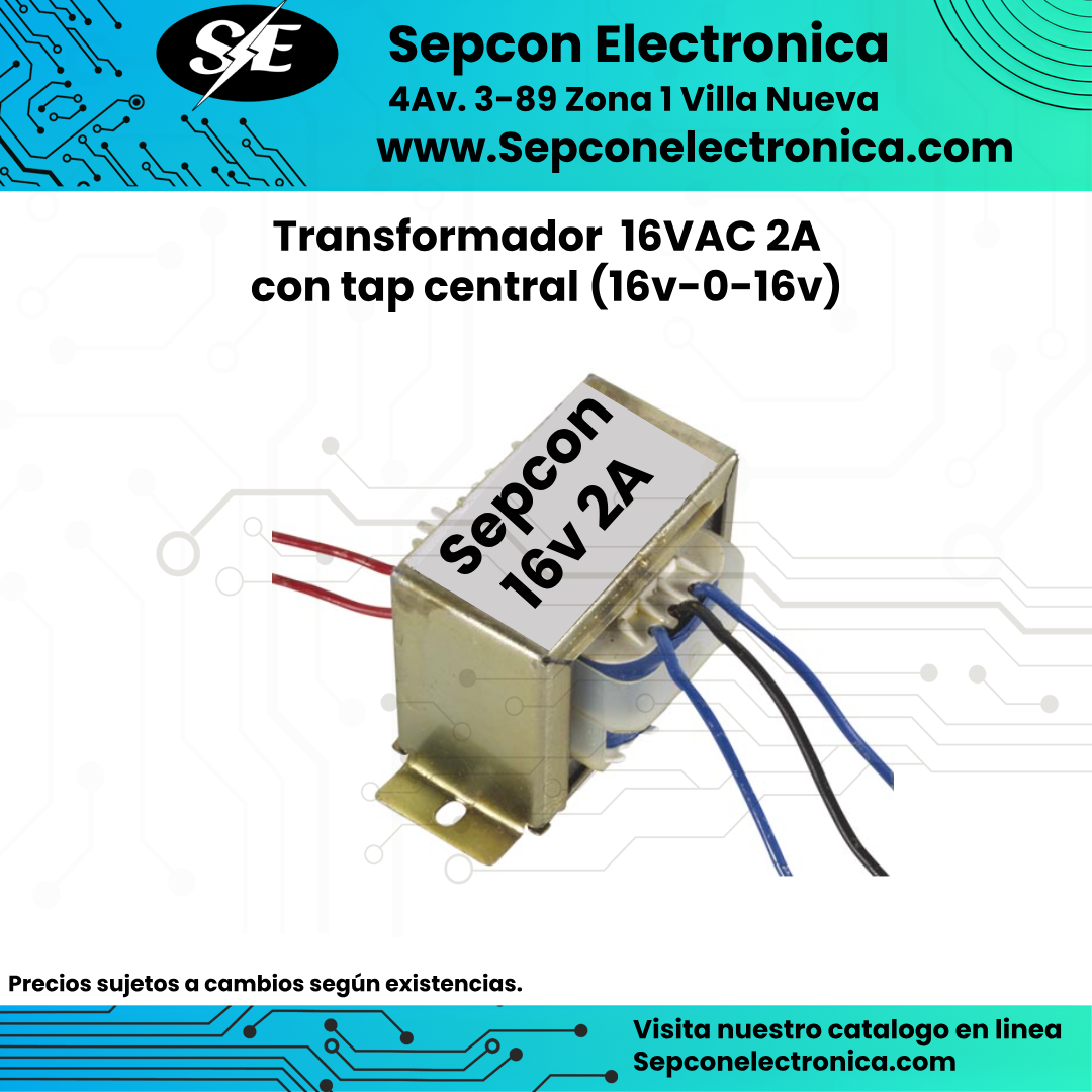 Transformador 16VAC 2A con tap central (16v-0-16v)