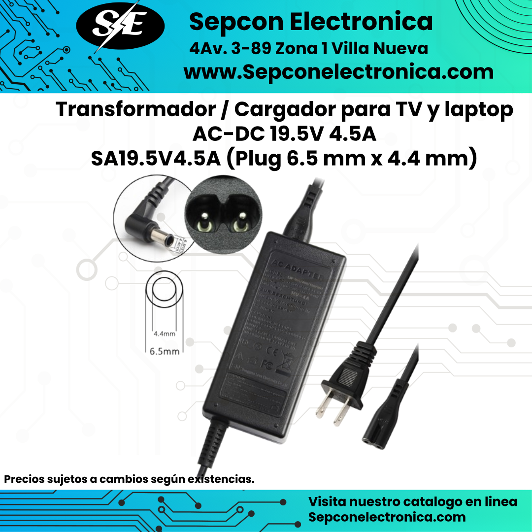 Transformador / Cargador para TV y laptop  AC-DC 19.5V 4.5A SA19.5V4.5A (Plug 6.5 mm x 4.4 mm)