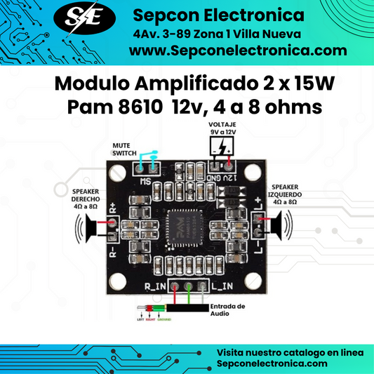 Módulo Amplificador de Audio PAM8610 – 2x15W, 4-8Ω