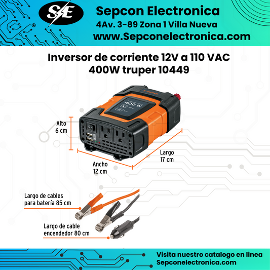 Inversor de corriente 12V a 110 VAC  400W trupper 10449