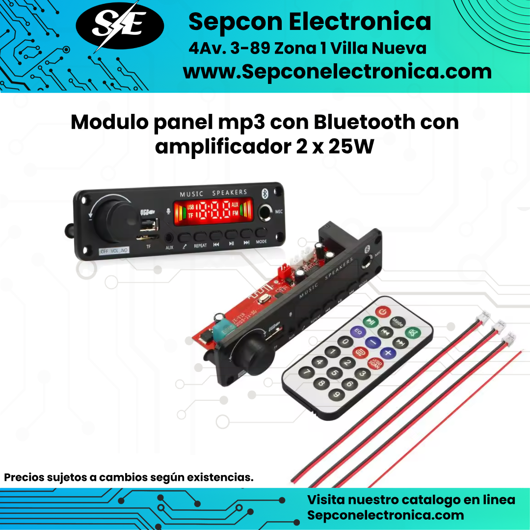 Modulo mp3 con bluetooth amplificador de 25W x 2 canales de 6v a 18v
