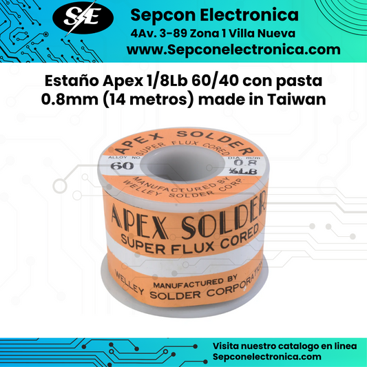 Estaño Apex 1/8Lb 60/40 con pasta 0.8mm (15 metros) Made in Taiwan